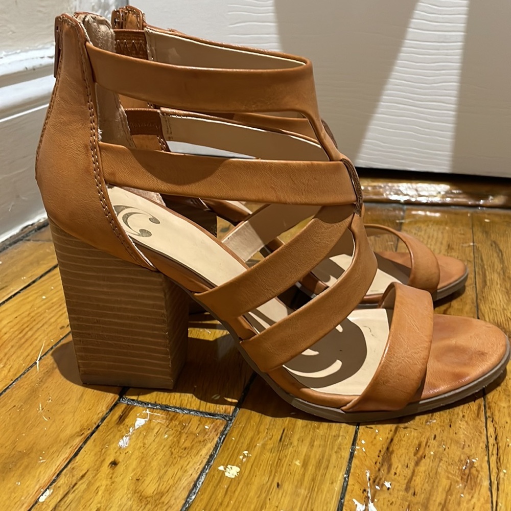 Strappy Tan Block Heel Sandals